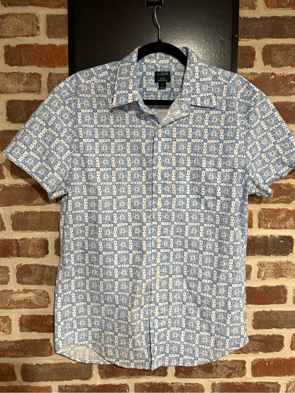 NWOT J-Crew Short-Sleeve White Shirt with Blue Geometric Print